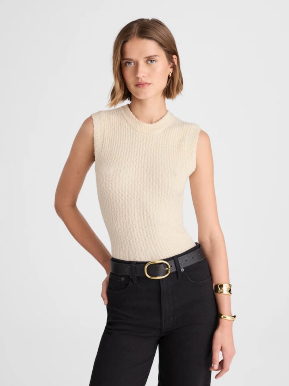 Madewell Bouclé-Knit Sweater Tank Shirt Top Ivory Off White Size L Large